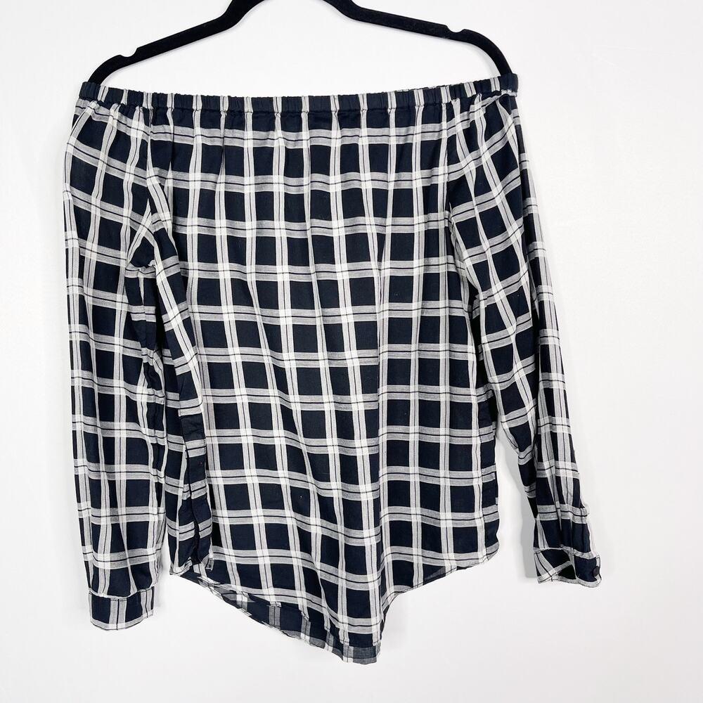 Rag & Bone Women Small Black White Plaid Off The Shoulder Long Sleeve Top Cotton